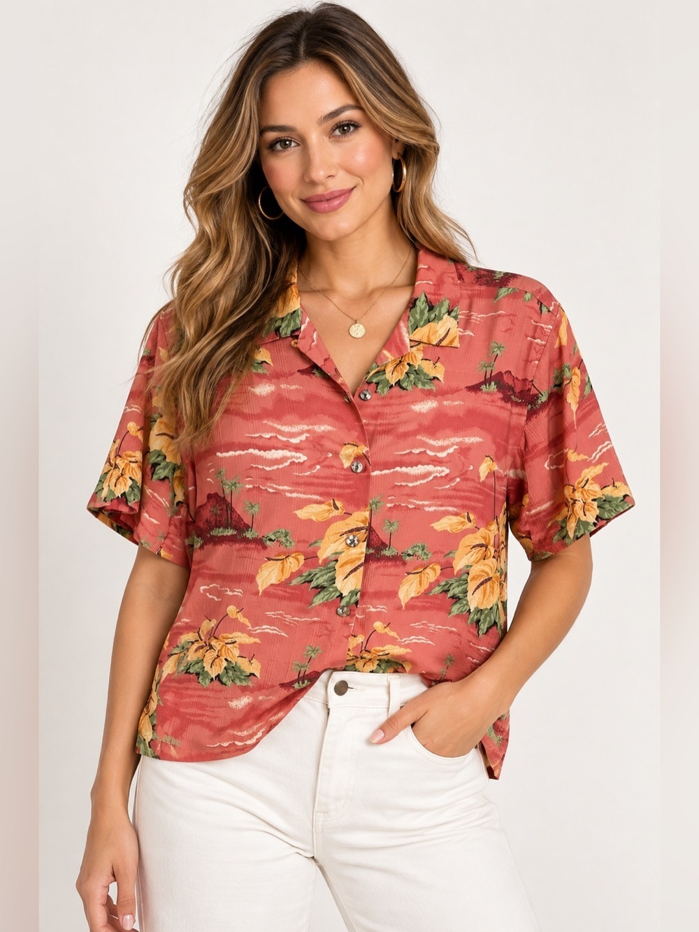 Tommy Bahama Women's Medium Silk Tropical Print Short Sleeve Button-down Shirt
